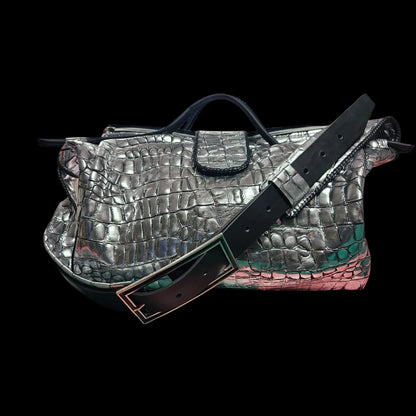 Handmade brown leather weekender bag with a sculpted crocodile-skin texture in a deep metallic tone - AG Design, Arad, Romania