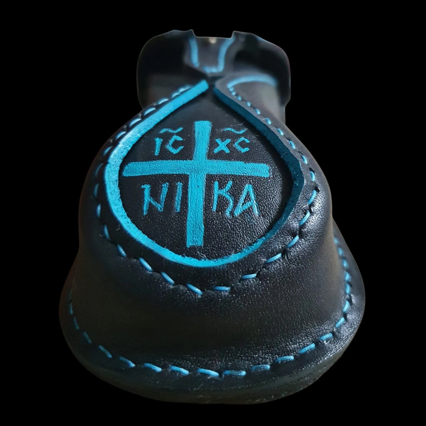Handmade dark leather round bag with an embossed cross and lettering - AG Design, Arad, Romania