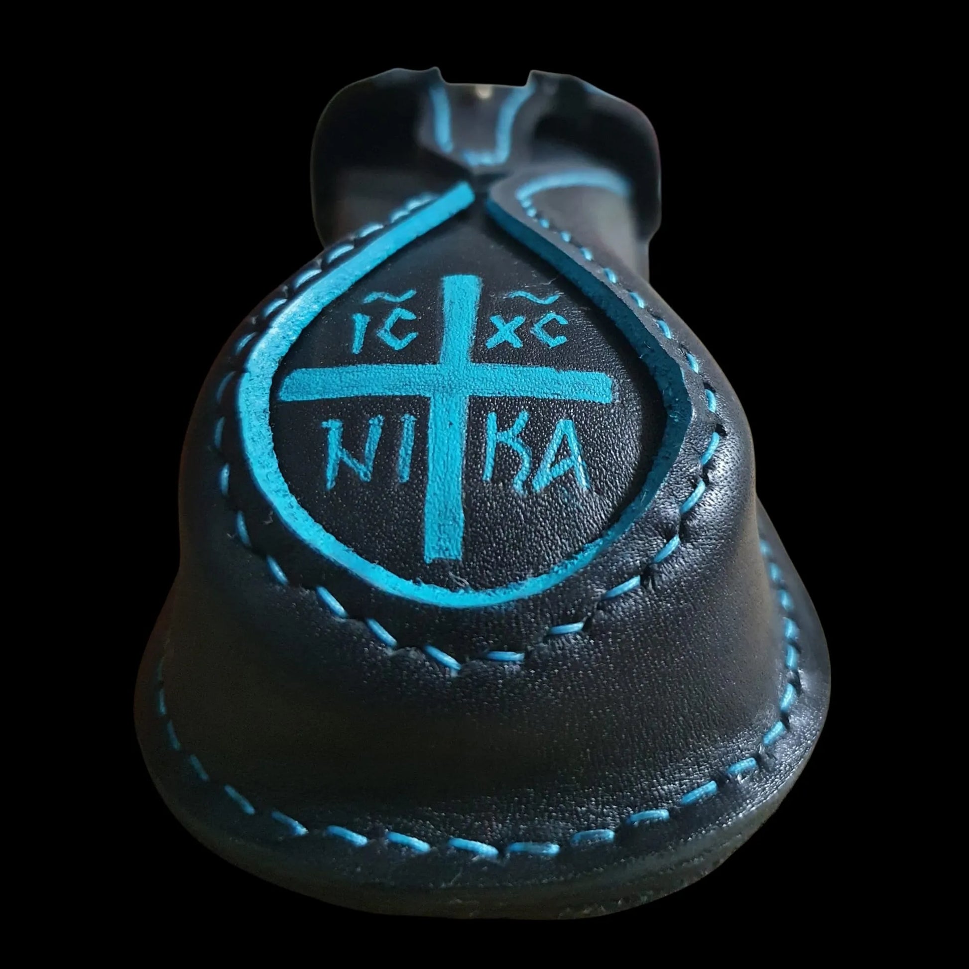Handmade dark leather round bag with an embossed cross and lettering - AG Design, Arad, Romania