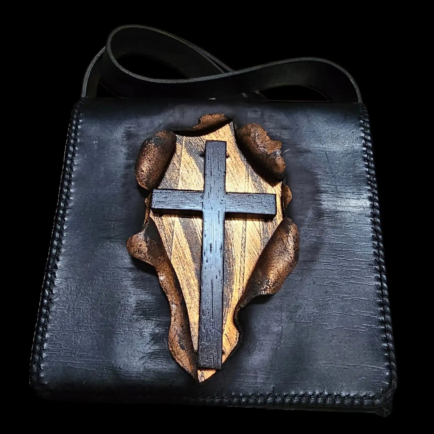 Handmade dark leather bag with a white cross emblem on the flap - AG Design, Arad, Romania