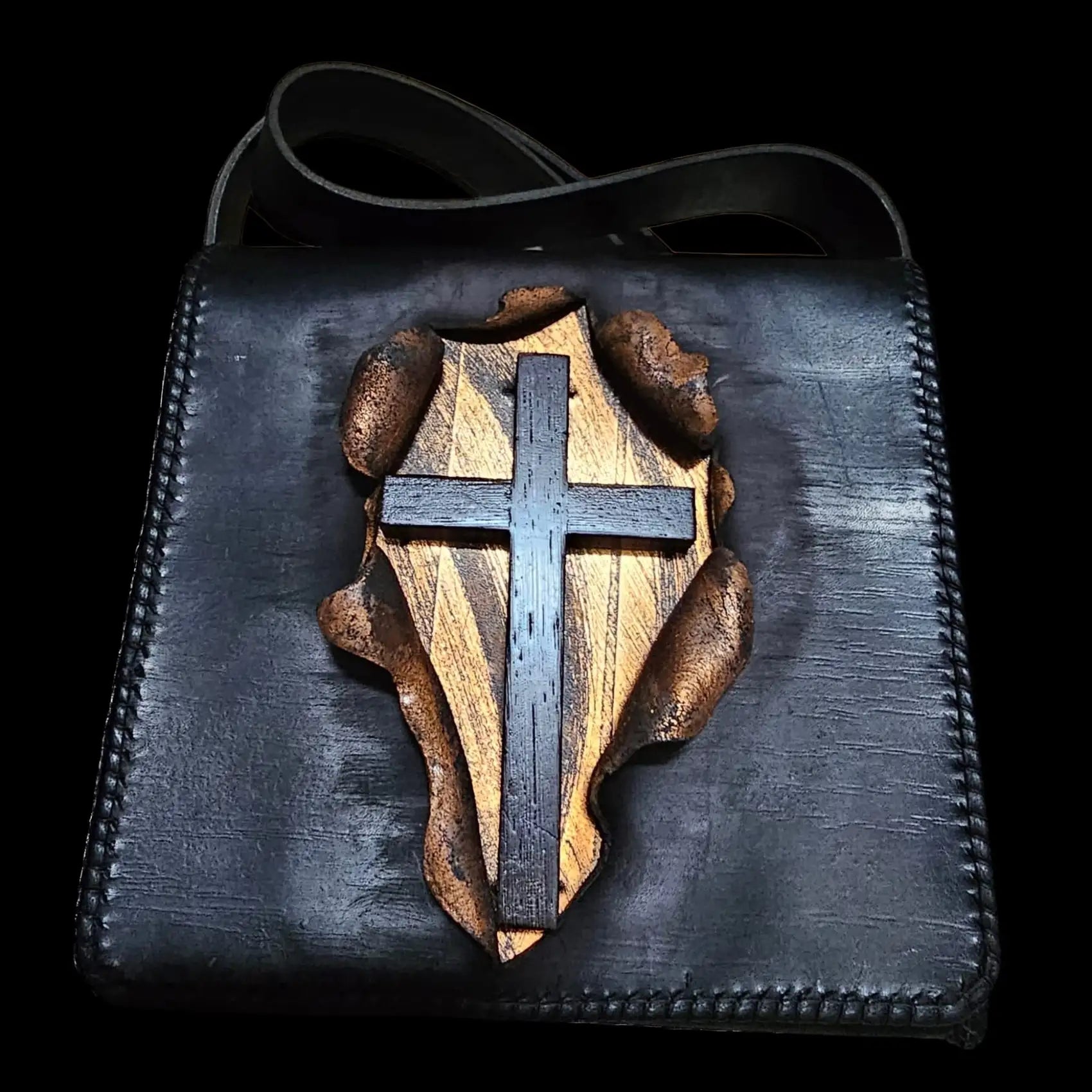 Handmade dark leather bag with a white cross emblem on the flap - AG Design, Arad, Romania