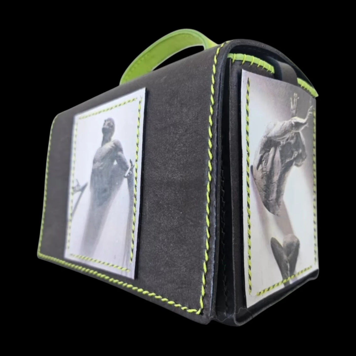 Handmade brown leather shoulder bag with a small cube form with a photo transfer and a neon-green handle - AG Design, Arad, Romania