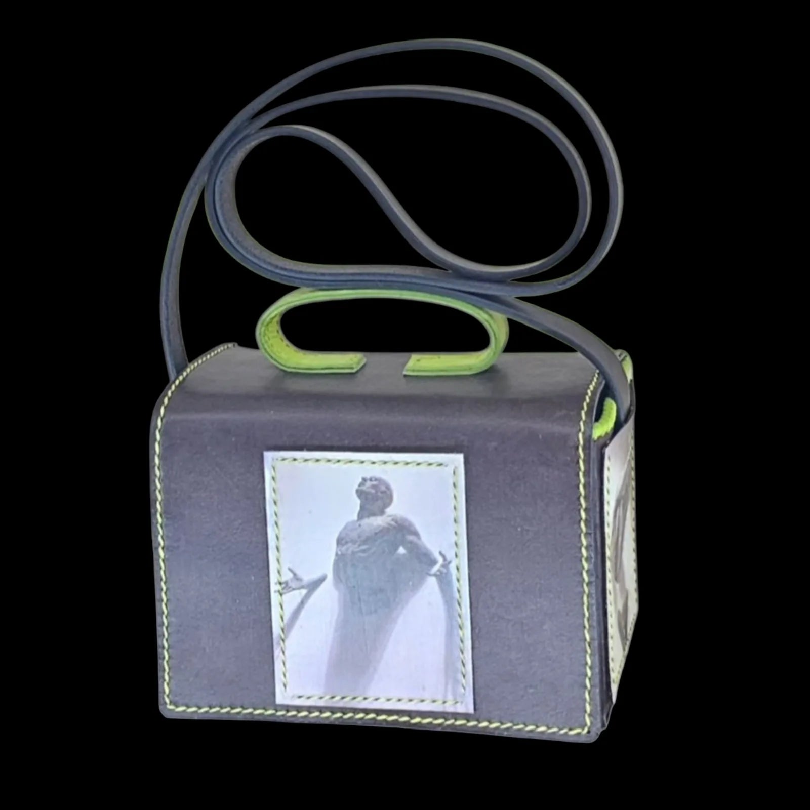 Handmade brown leather shoulder bag with a small cube form with a photo transfer and a neon-green handle - AG Design, Arad, Romania