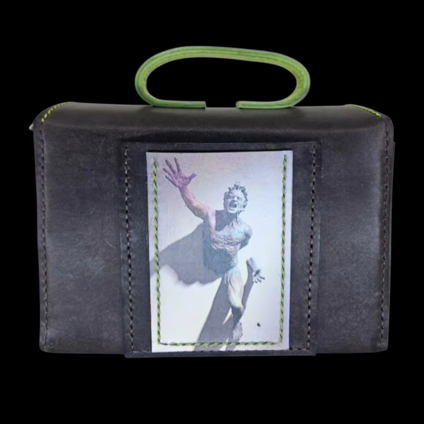 Handmade brown leather shoulder bag with a small cube form with a photo transfer and a neon-green handle - AG Design, Arad, Romania