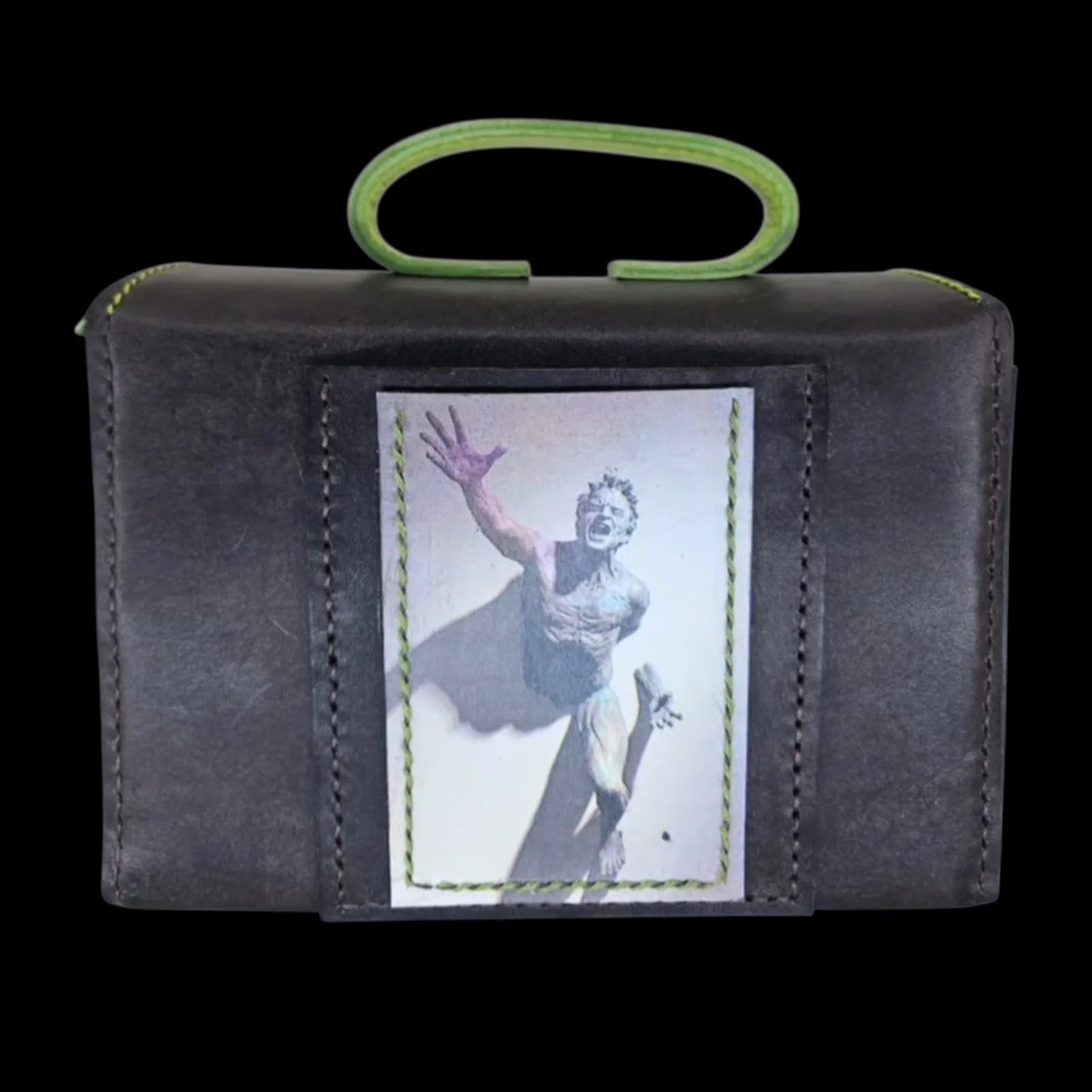 Handmade brown leather shoulder bag with a small cube form with a photo transfer and a neon-green handle - AG Design, Arad, Romania