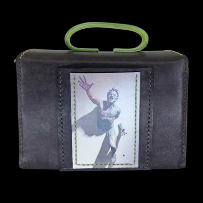 Handmade brown leather shoulder bag with a small cube form with a photo transfer and a neon-green handle - AG Design, Arad, Romania