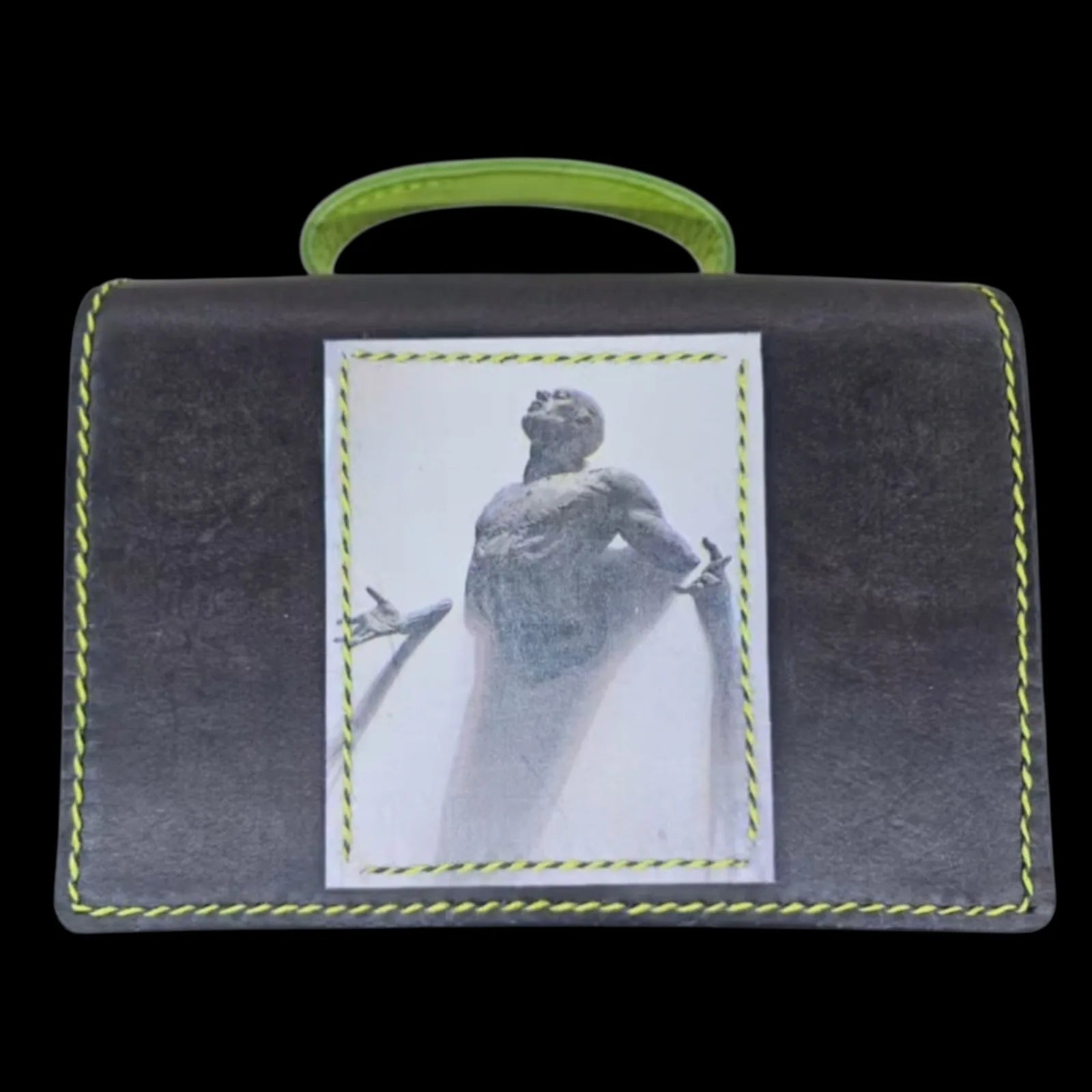 Handmade brown leather shoulder bag with a small cube form with a photo transfer and a neon-green handle - AG Design, Arad, Romania