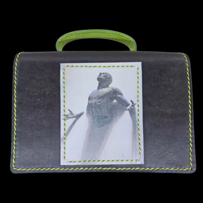 Handmade brown leather shoulder bag with a small cube form with a photo transfer and a neon-green handle - AG Design, Arad, Romania