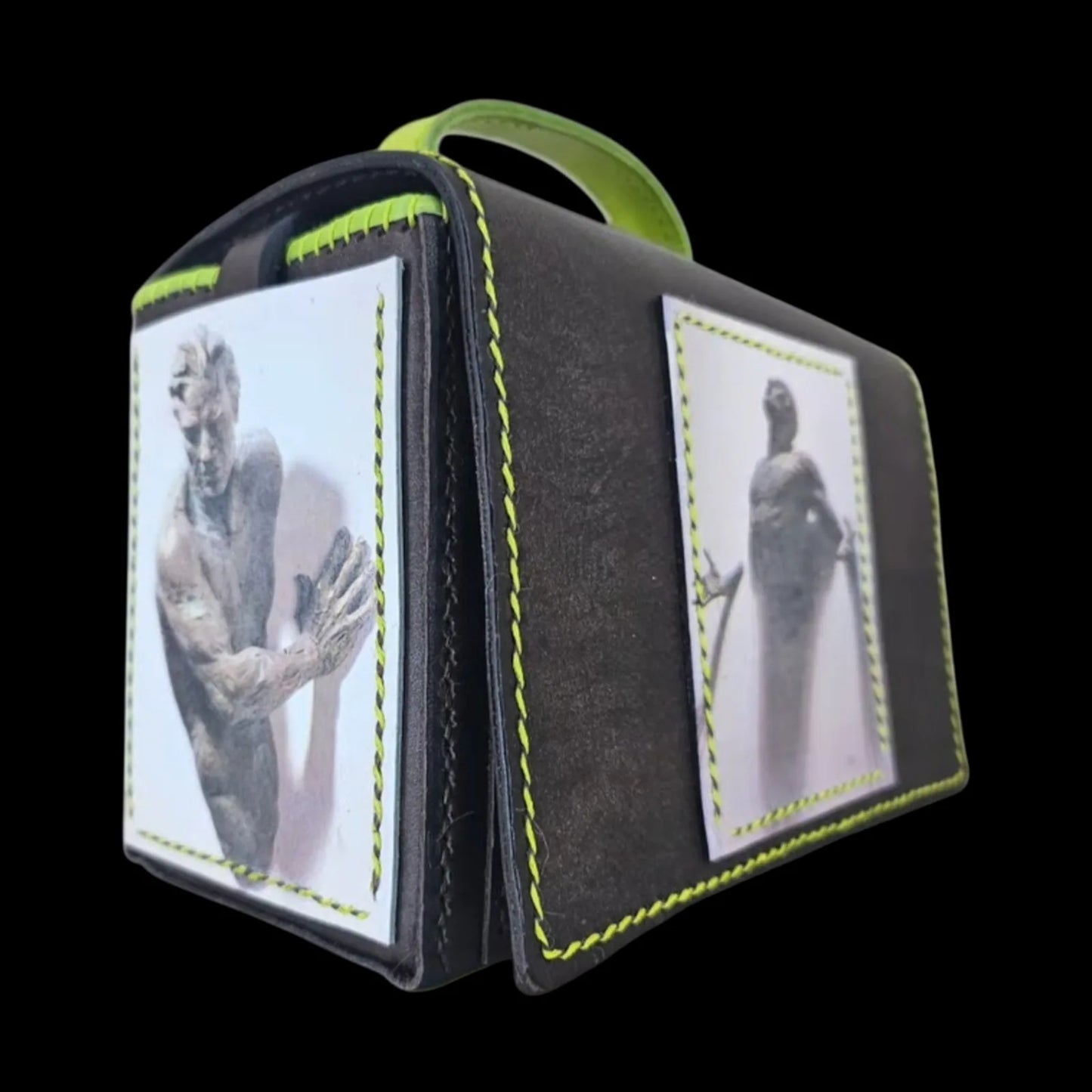 Handmade brown leather shoulder bag with a small cube form with a photo transfer and a neon-green handle - AG Design, Arad, Romania