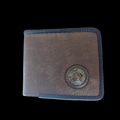 Handmade gold leather wallet with a metal medallion of Cucuteni neolithic spirals on bronze-gold leather - AG Design, Arad, Romania