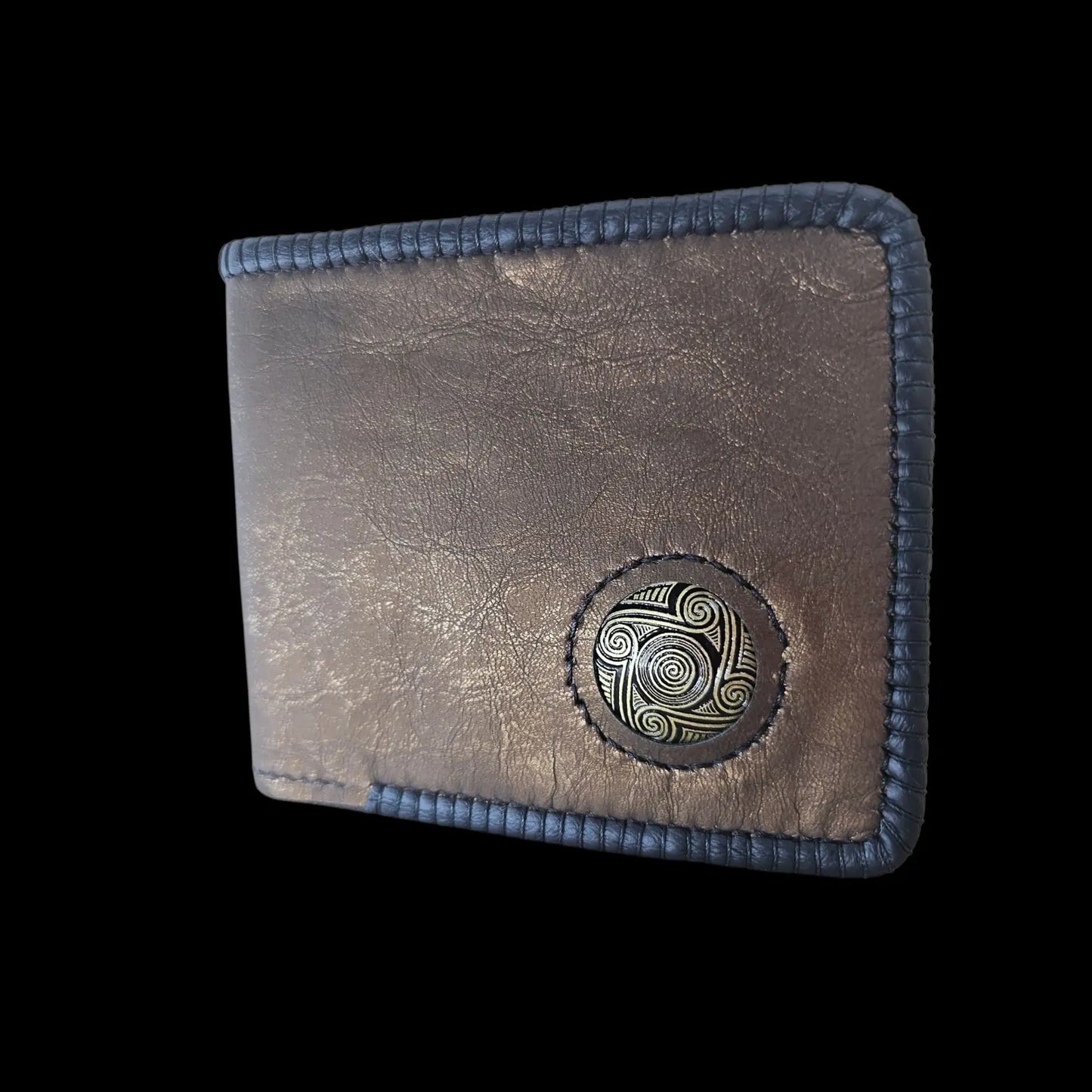 Handmade gold leather wallet with a metal medallion of Cucuteni neolithic spirals on bronze-gold leather - AG Design, Arad, Romania