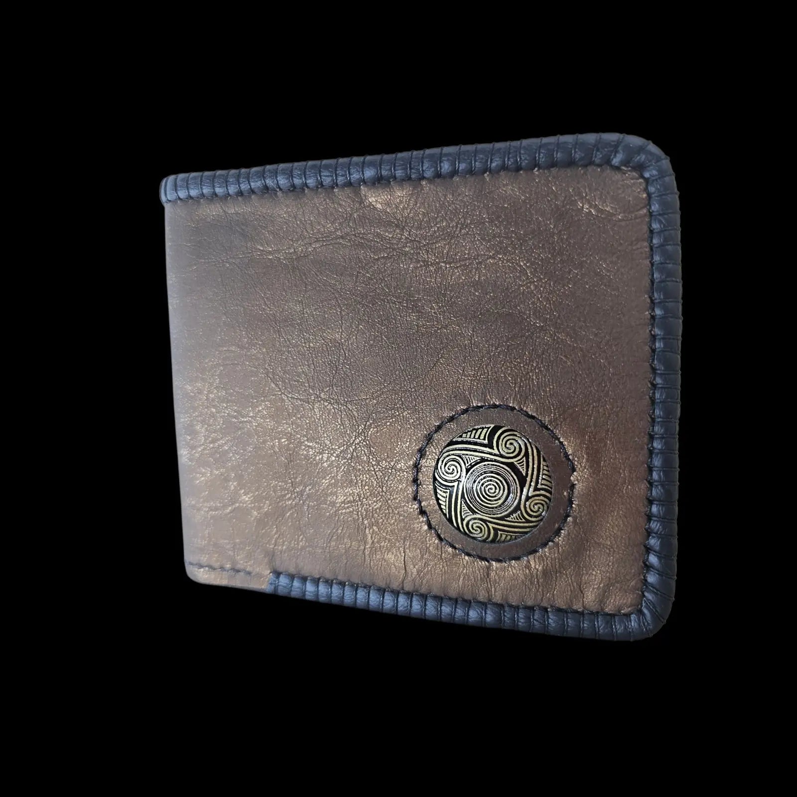 Handmade gold leather wallet with a metal medallion of Cucuteni neolithic spirals on bronze-gold leather - AG Design, Arad, Romania