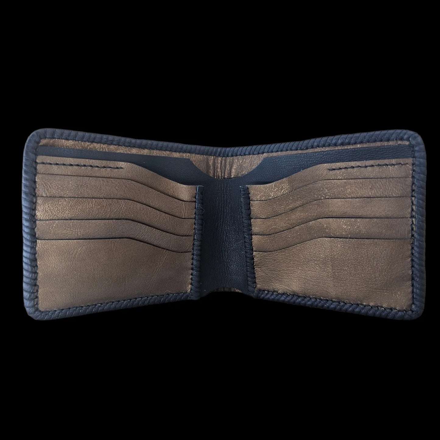 Handmade gold leather wallet with a metal medallion of Cucuteni neolithic spirals on bronze-gold leather - AG Design, Arad, Romania