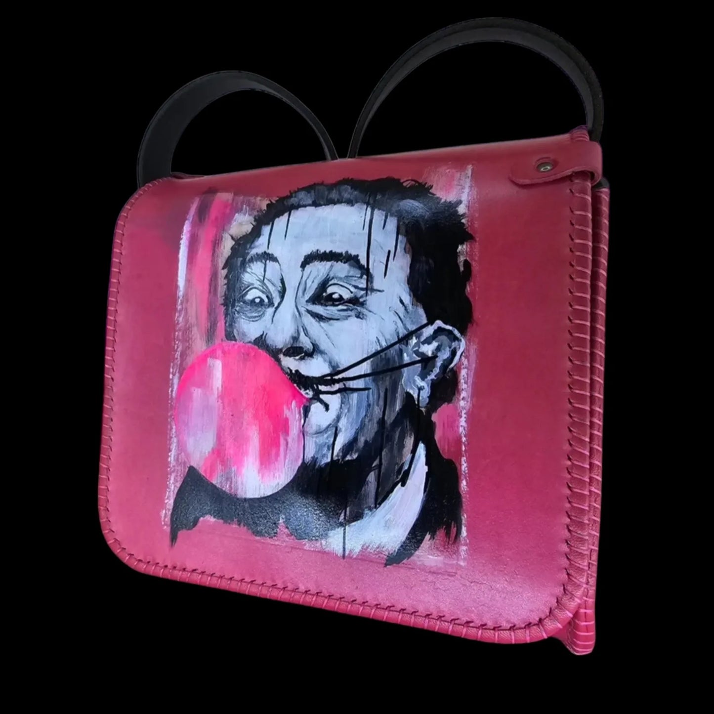 Handmade multicolour leather shoulder bag with a hand-painted pop-art Dali portrait - AG Design, Arad, Romania