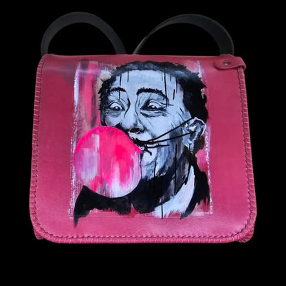Handmade multicolour leather shoulder bag with a hand-painted pop-art Dali portrait - AG Design, Arad, Romania