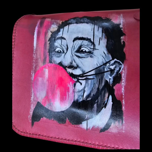 Handmade multicolour leather shoulder bag with a hand-painted pop-art Dali portrait - AG Design, Arad, Romania