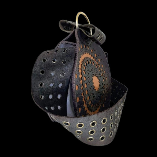 Handmade dark leather round bag with a studded centrepiece - AG Design, Arad, Romania