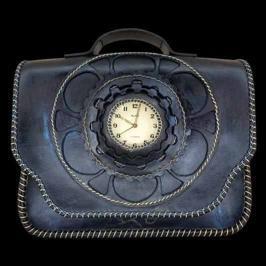 Handmade dark leather round bag with a studded centre - AG Design, Arad, Romania
