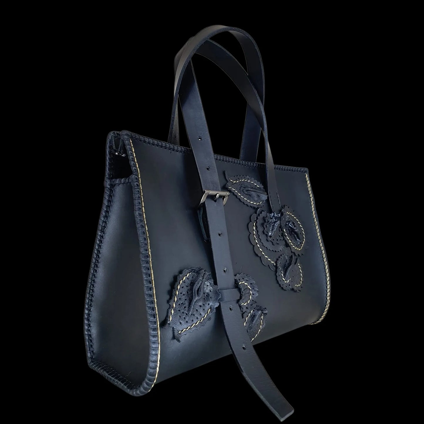 Handmade dark leather bag with twin handles and embossing - AG Design, Arad, Romania