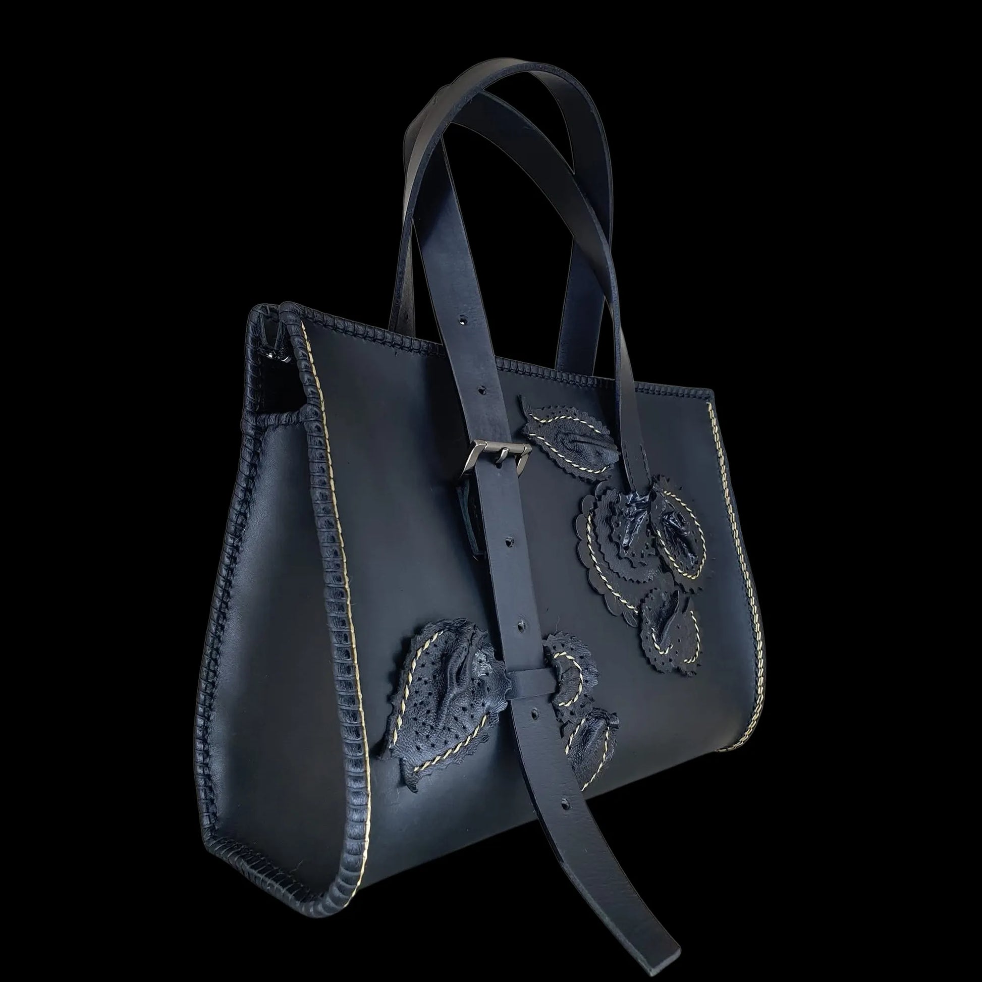 Handmade dark leather bag with twin handles and embossing - AG Design, Arad, Romania