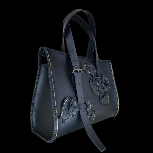 Handmade dark leather bag with twin handles and embossing - AG Design, Arad, Romania