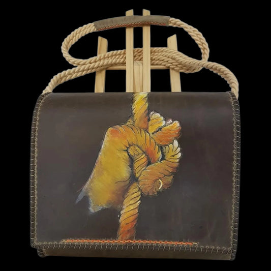 Handmade dark leather bag with a painted hand motif - AG Design, Arad, Romania