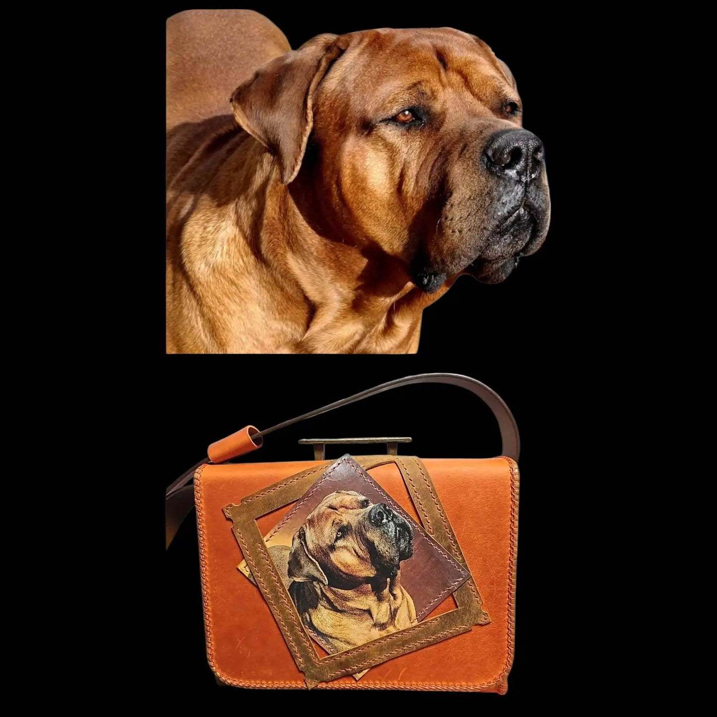 Handmade brown leather bag with a painted dog face - AG Design, Arad, Romania