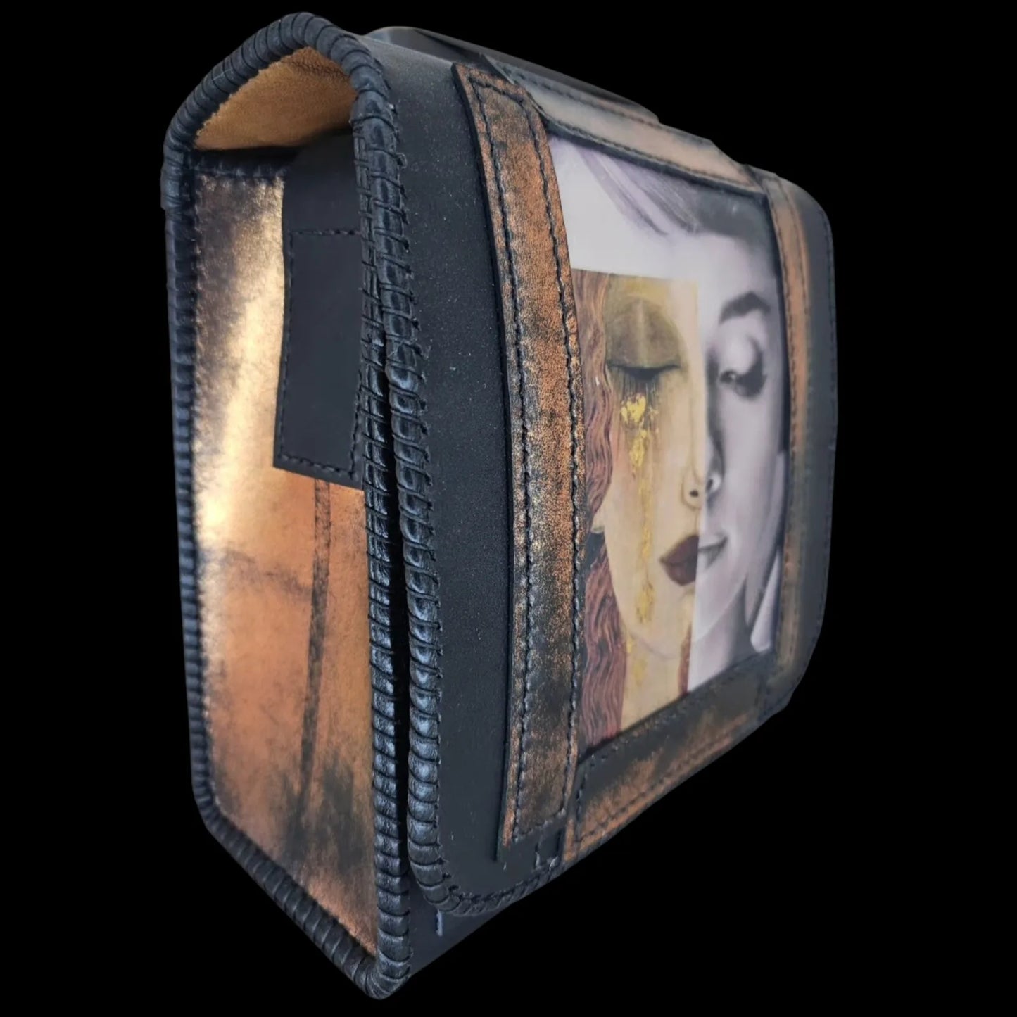 Handmade black leather shoulder bag with a photo transfer framed by heat-applied metallic foil - AG Design, Arad, Romania