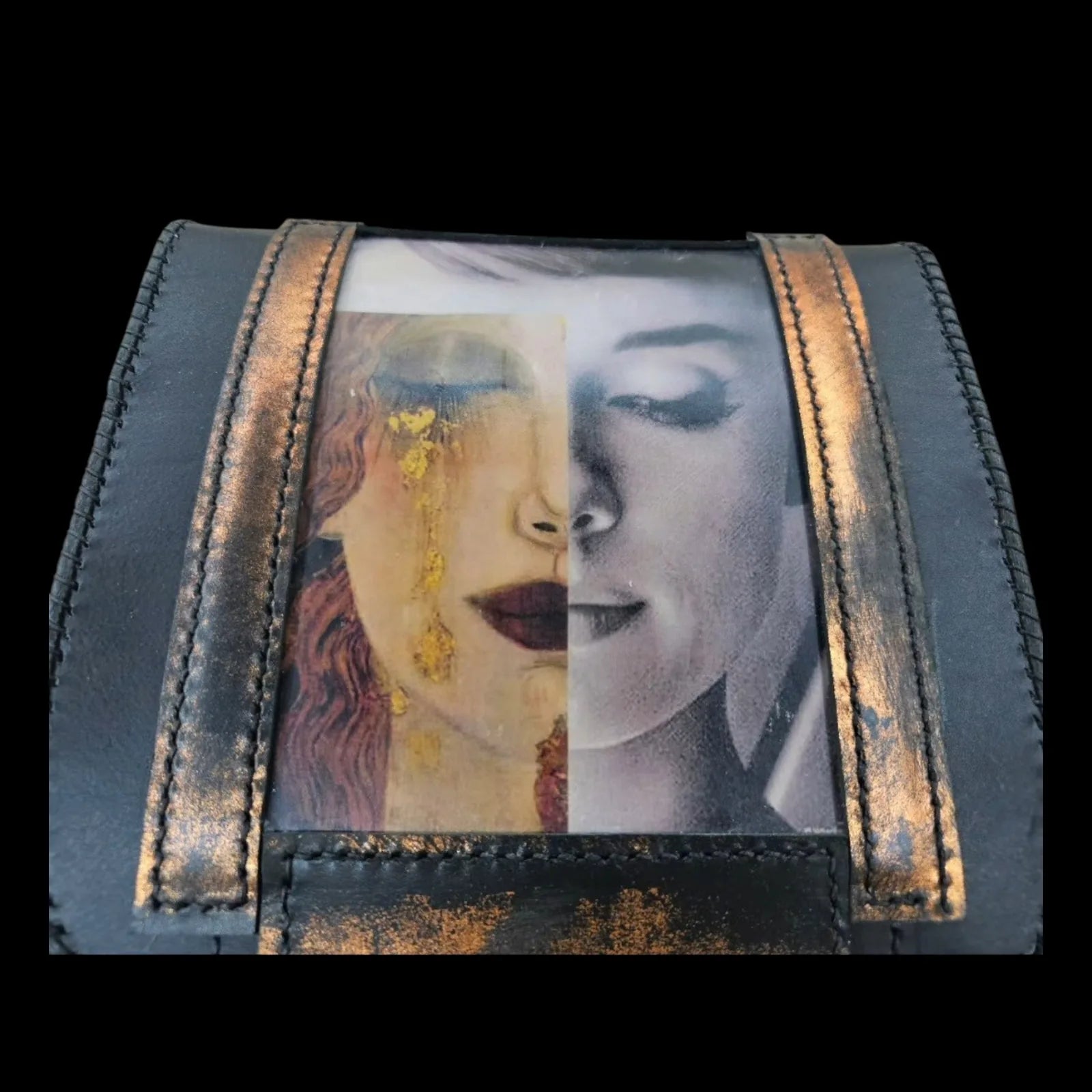 Handmade black leather shoulder bag with a photo transfer framed by heat-applied metallic foil - AG Design, Arad, Romania