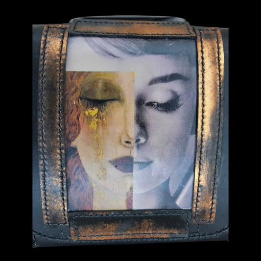 Handmade black leather shoulder bag with a photo transfer framed by heat-applied metallic foil - AG Design, Arad, Romania