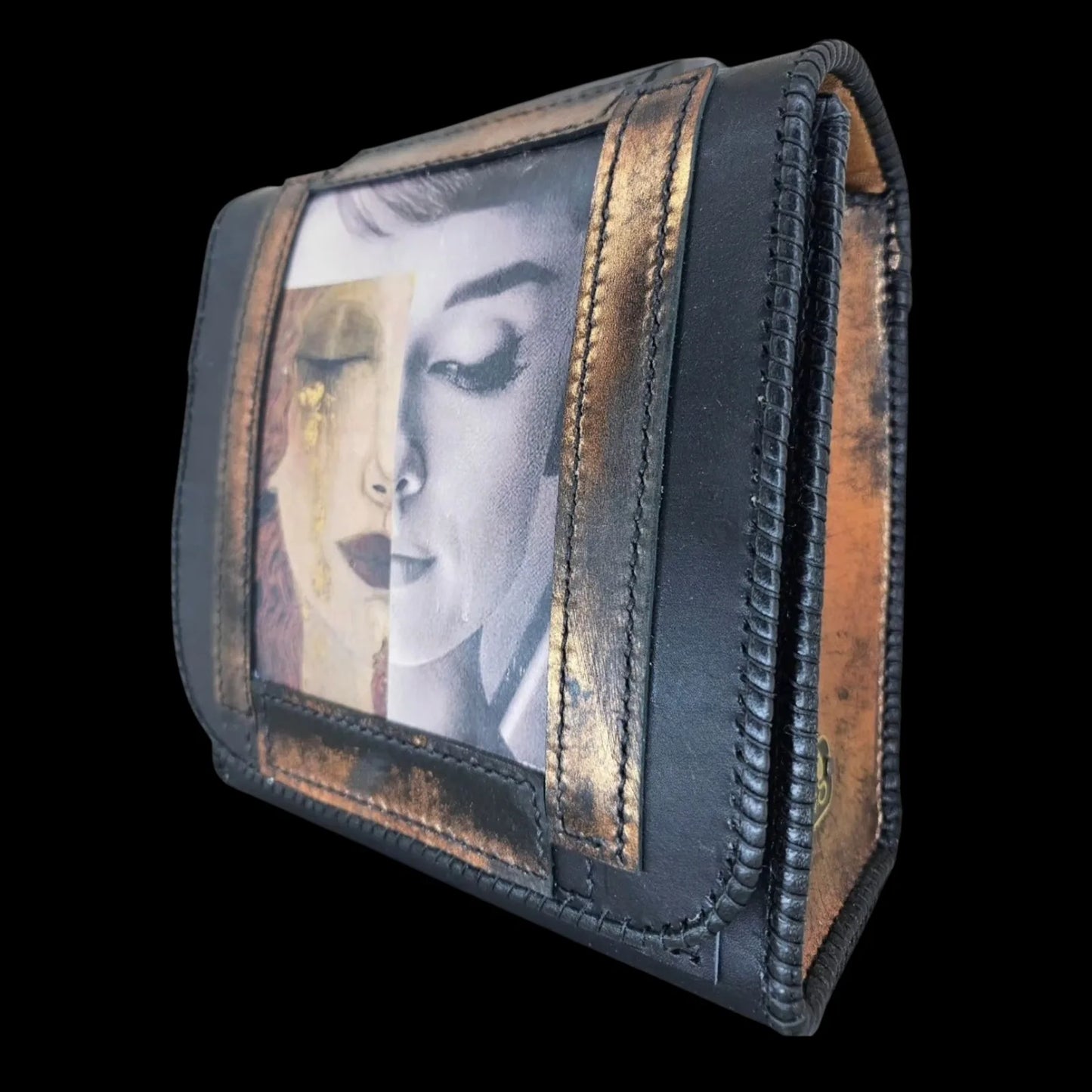 Handmade black leather shoulder bag with a photo transfer framed by heat-applied metallic foil - AG Design, Arad, Romania