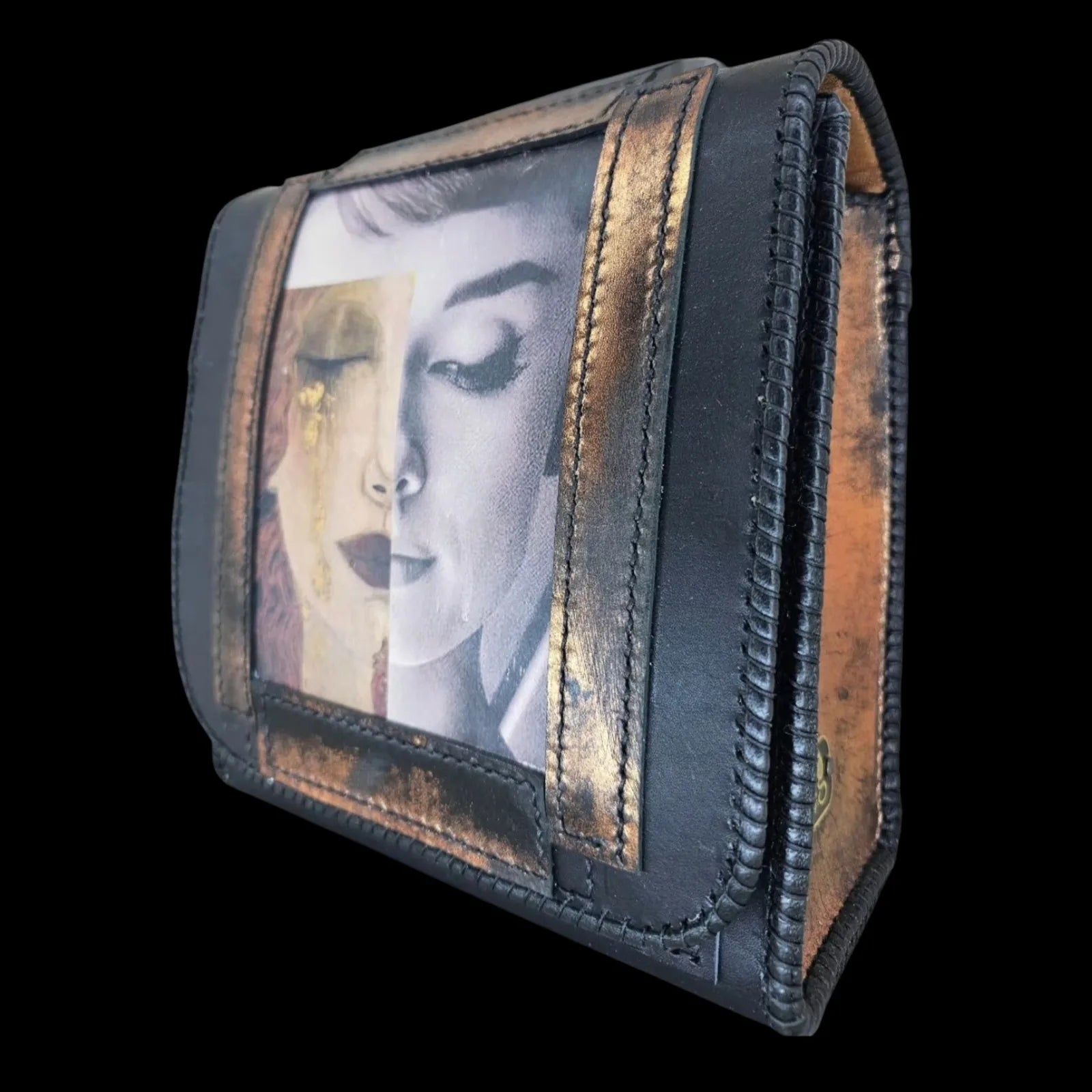 Handmade black leather shoulder bag with a photo transfer framed by heat-applied metallic foil - AG Design, Arad, Romania