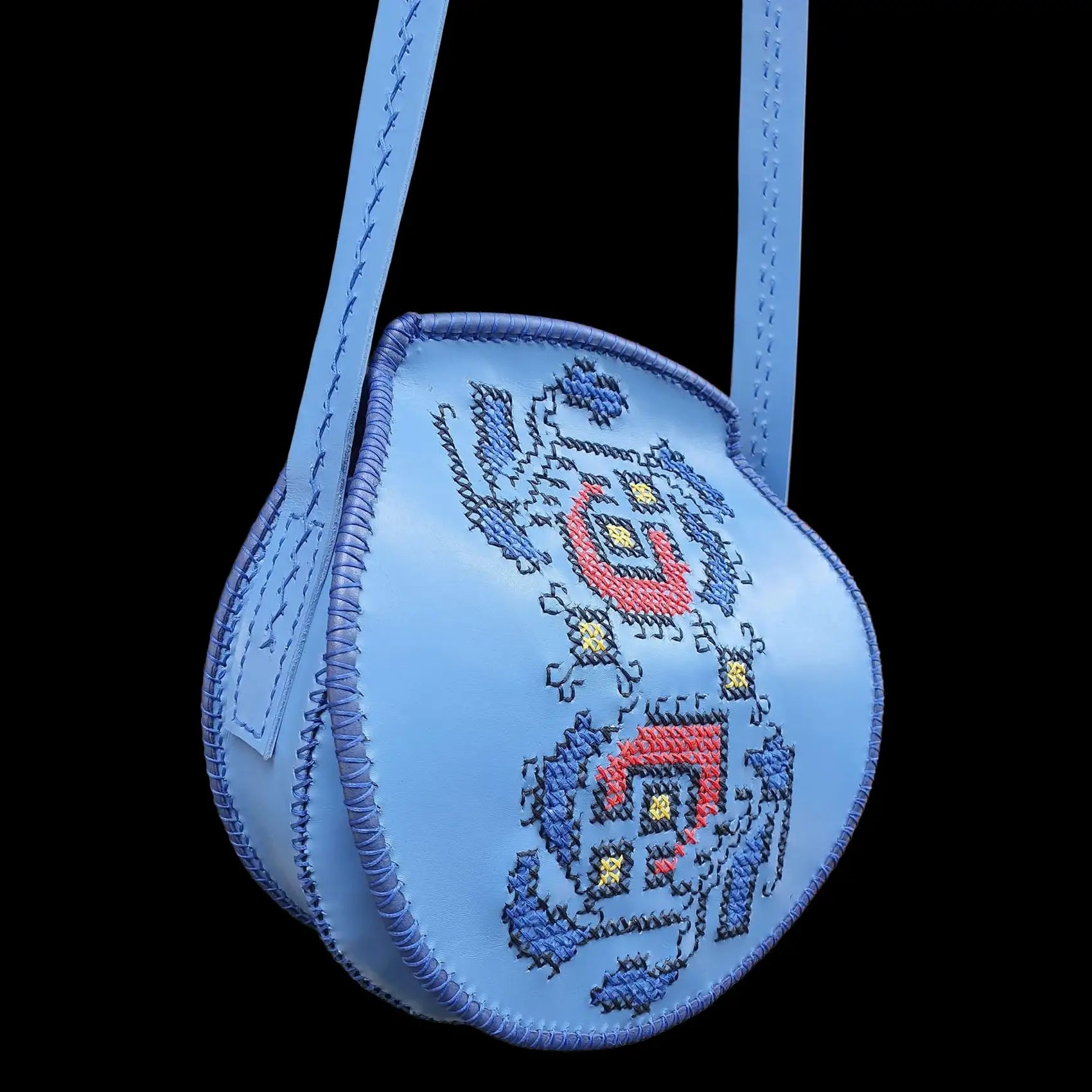 Handmade blue round leather bag with a painted emblem - AG Design, Arad, Romania