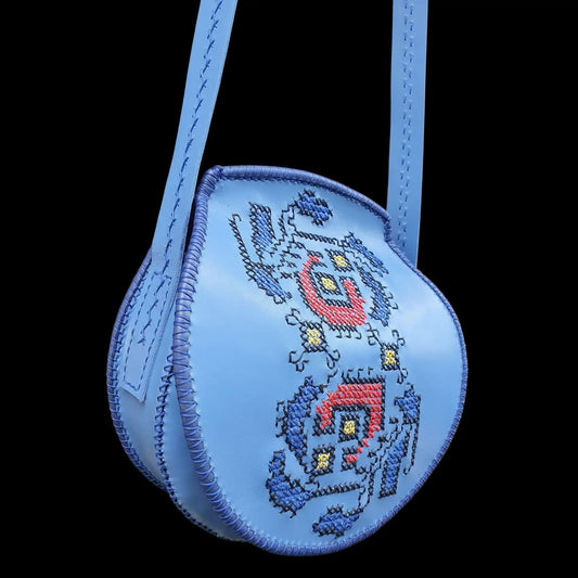Handmade blue round leather bag with a painted emblem - AG Design, Arad, Romania