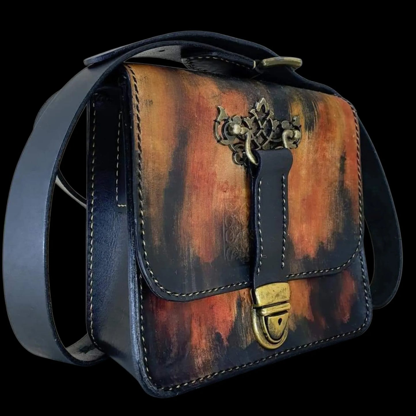 Handmade dark leather flap bag with an embossed emblem and clasp - AG Design, Arad, Romania