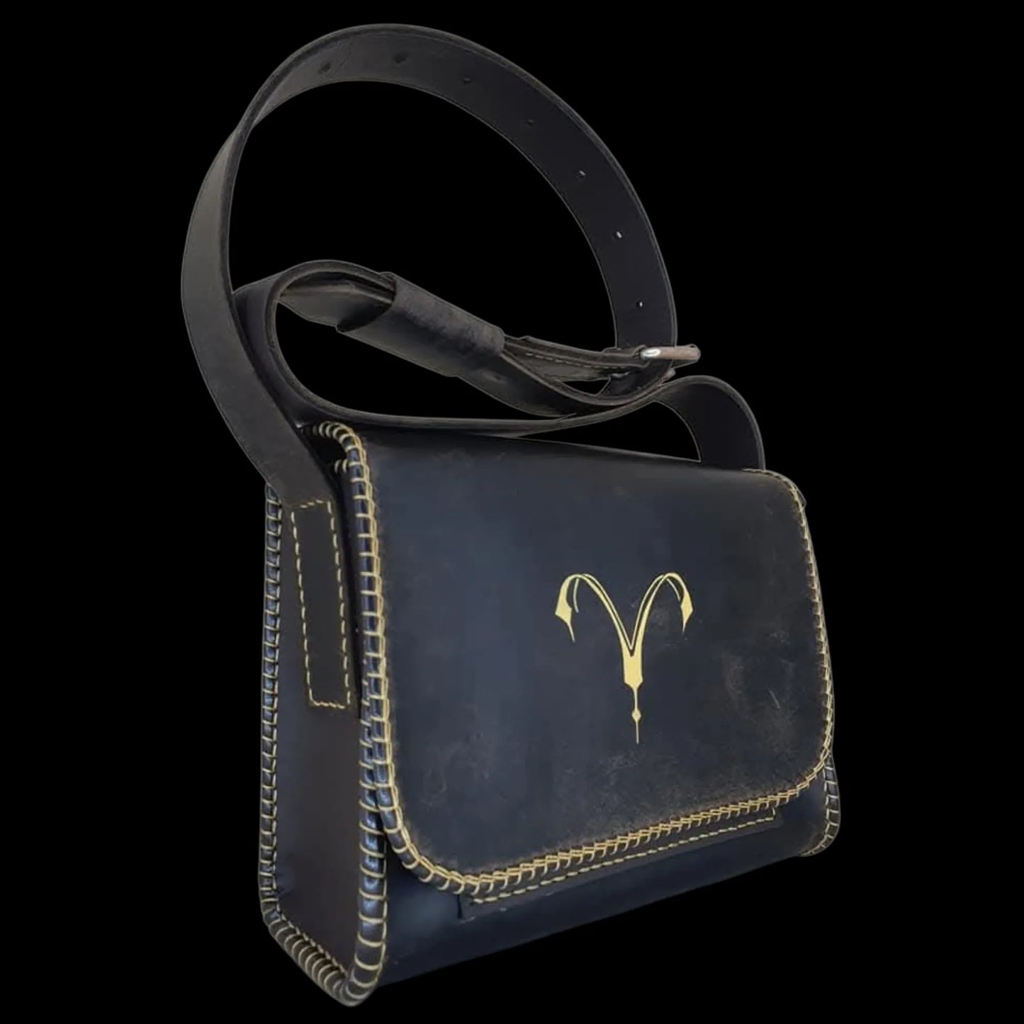 Handmade dark leather flap bag with a small gold emblem - AG Design, Arad, Romania