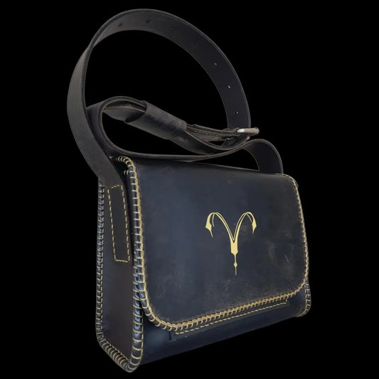 Handmade dark leather flap bag with a small gold emblem - AG Design, Arad, Romania
