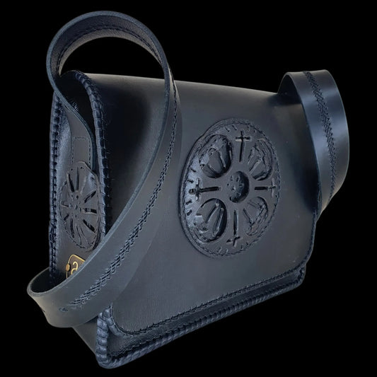 Handmade grey leather bag with an embossed fleur-de-lis emblem - AG Design, Arad, Romania