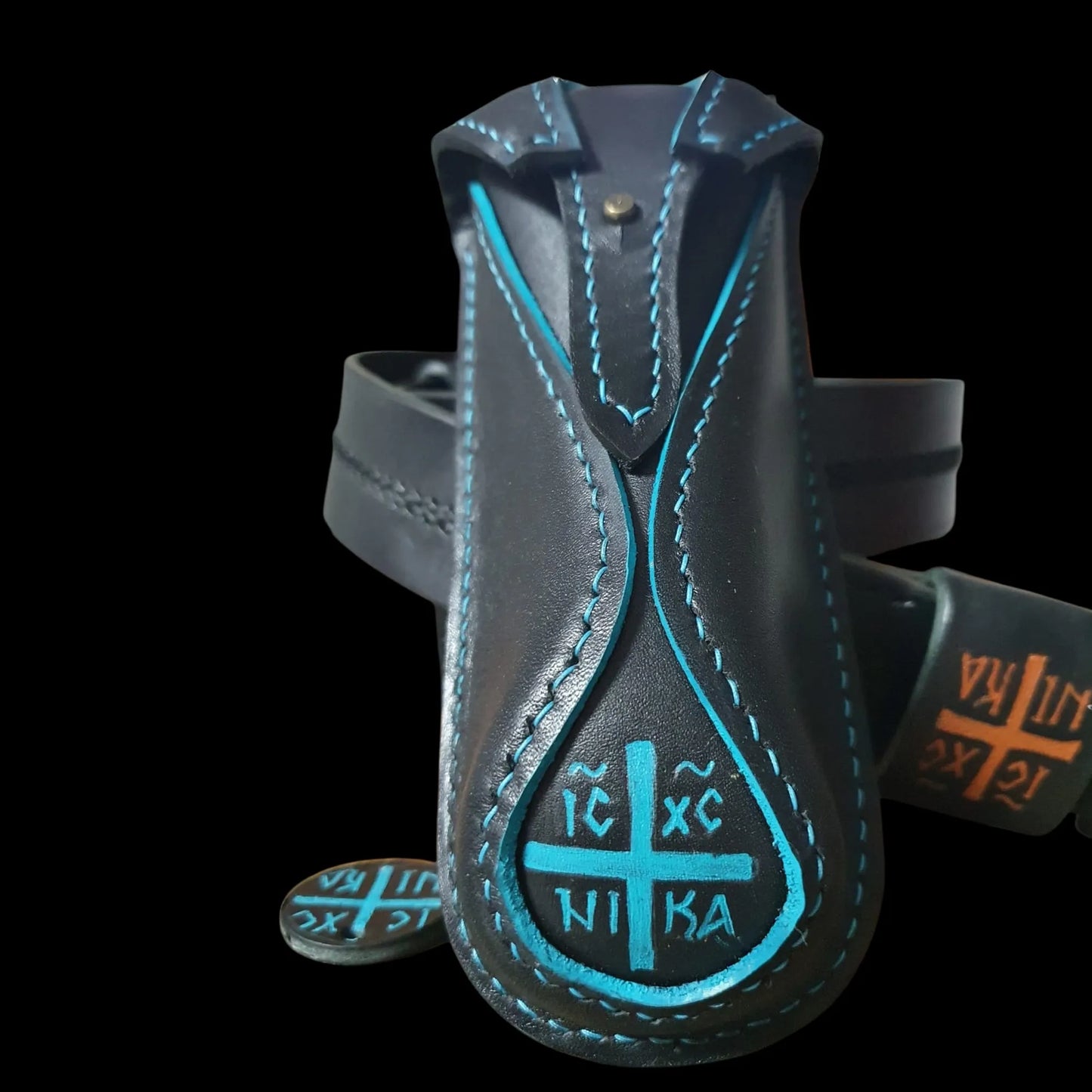 Handmade dark teal leather bag with an embossed emblem - AG Design, Arad, Romania