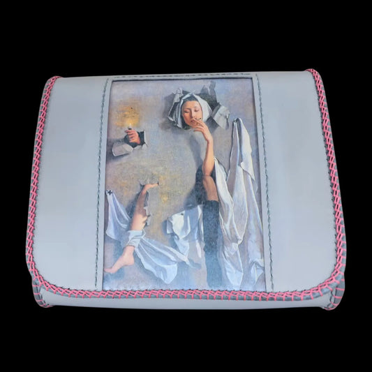 Handmade cream leather shoulder bag with a theatrical photo transfer and pink perimeter stitching - AG Design, Arad, Romania