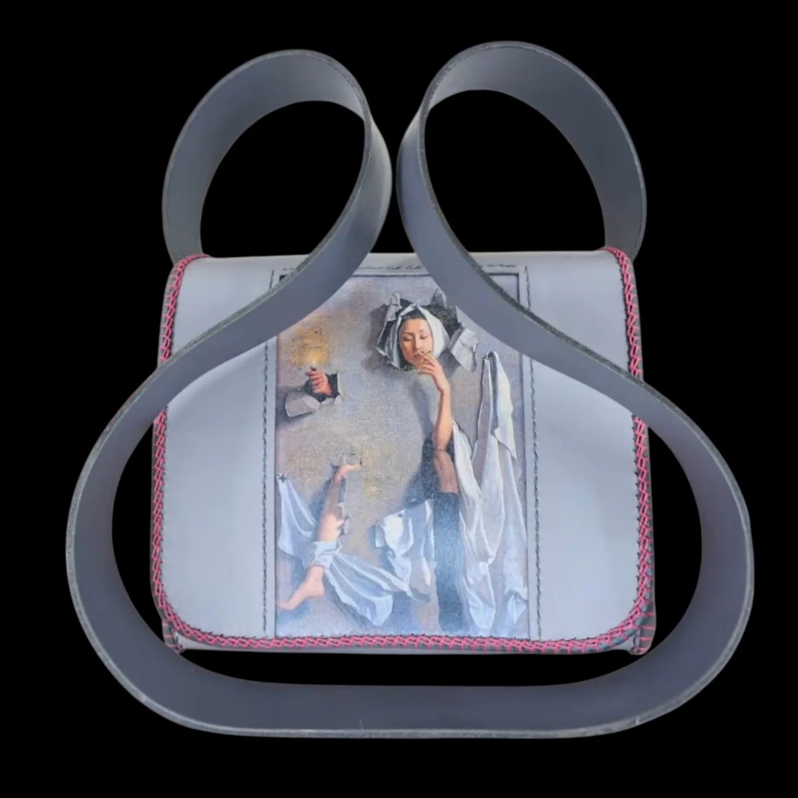 Handmade cream leather shoulder bag with a theatrical photo transfer and pink perimeter stitching - AG Design, Arad, Romania