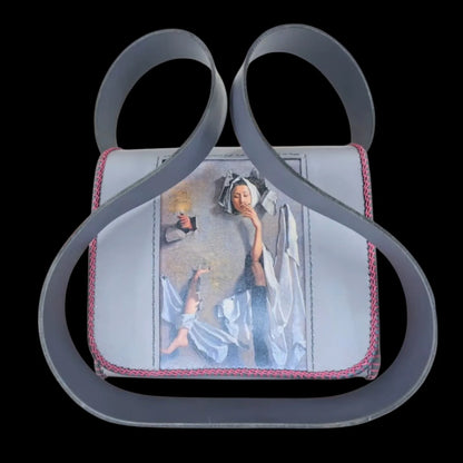Handmade cream leather shoulder bag with a theatrical photo transfer and pink perimeter stitching - AG Design, Arad, Romania