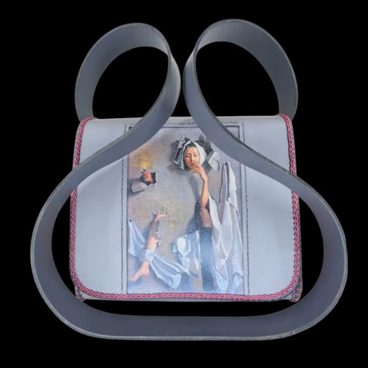 Handmade cream leather shoulder bag with a theatrical photo transfer and pink perimeter stitching - AG Design, Arad, Romania