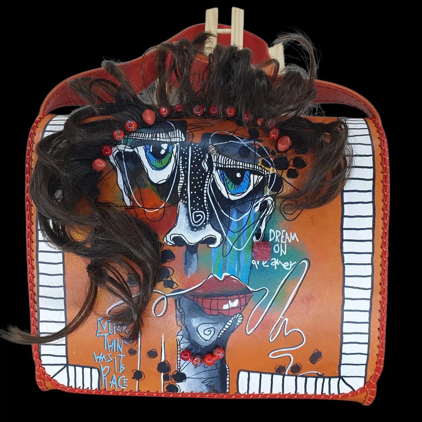 Handmade leather crossbody bag with a hand-painted face - AG Design, Arad, Romania