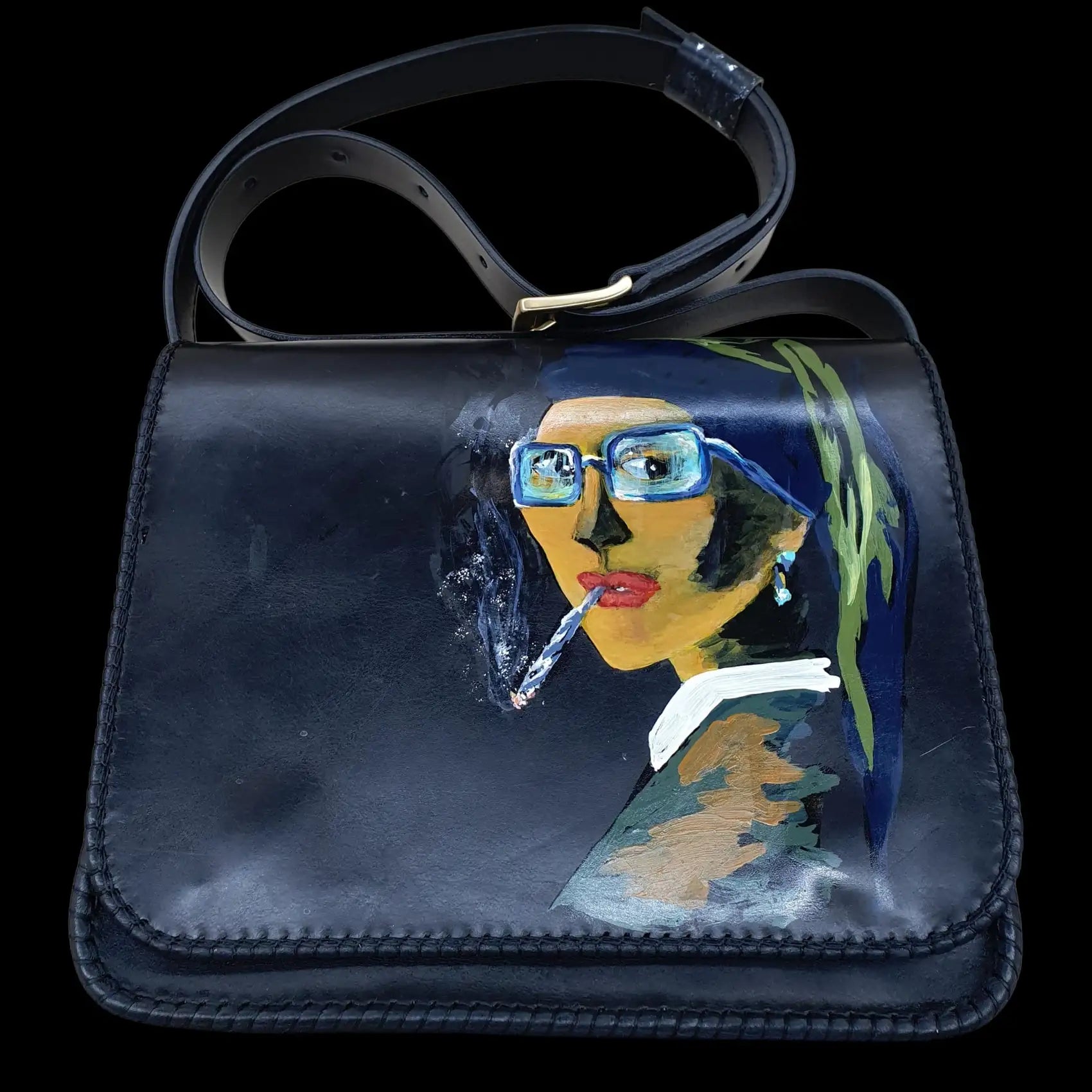 Handmade dark leather bag with a painted blue face - AG Design, Arad, Romania