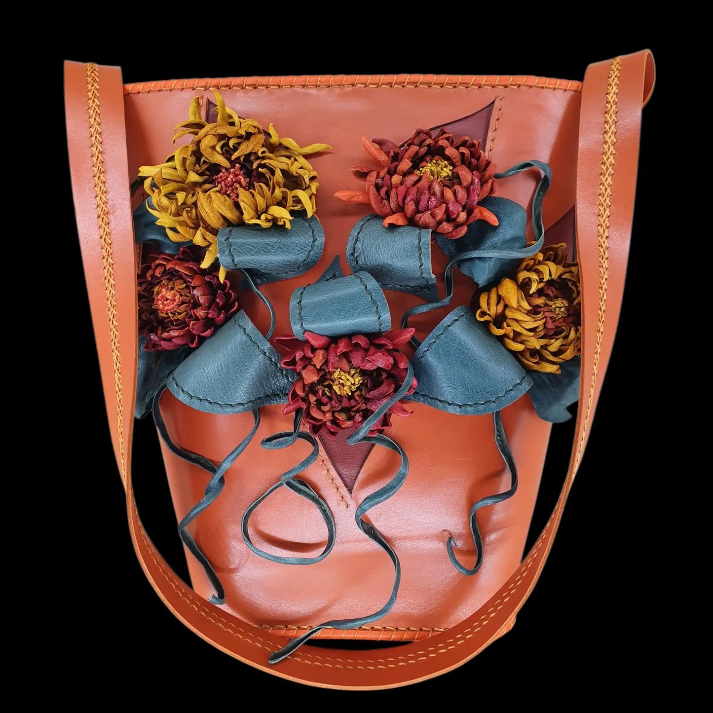 Handmade orange and blue leather bag with painted faces - AG Design, Arad, Romania