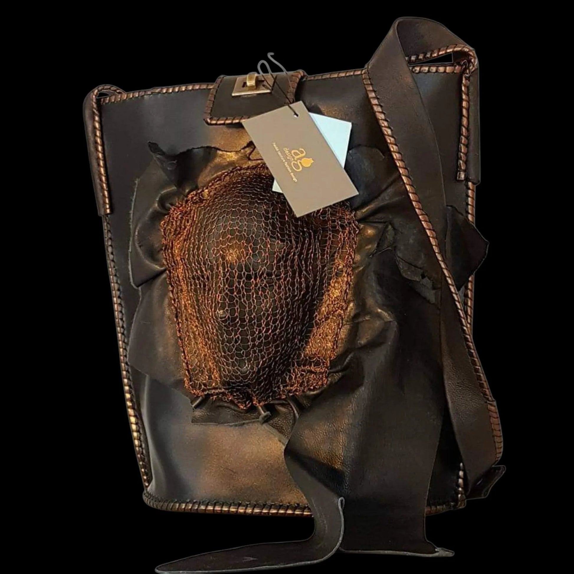 Handmade brown leather bag with a sculpted 3D face - AG Design, Arad, Romania