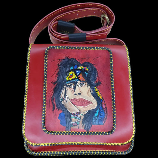 Handmade dark leather bag with a painted face and studded edge - AG Design, Arad, Romania