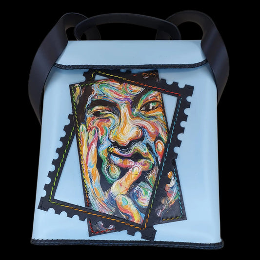 Handmade grey leather bag with a framed hand-painted face - AG Design, Arad, Romania