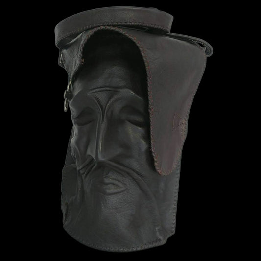 Handmade grey leather bag with a sculpted face in relief - AG Design, Arad, Romania